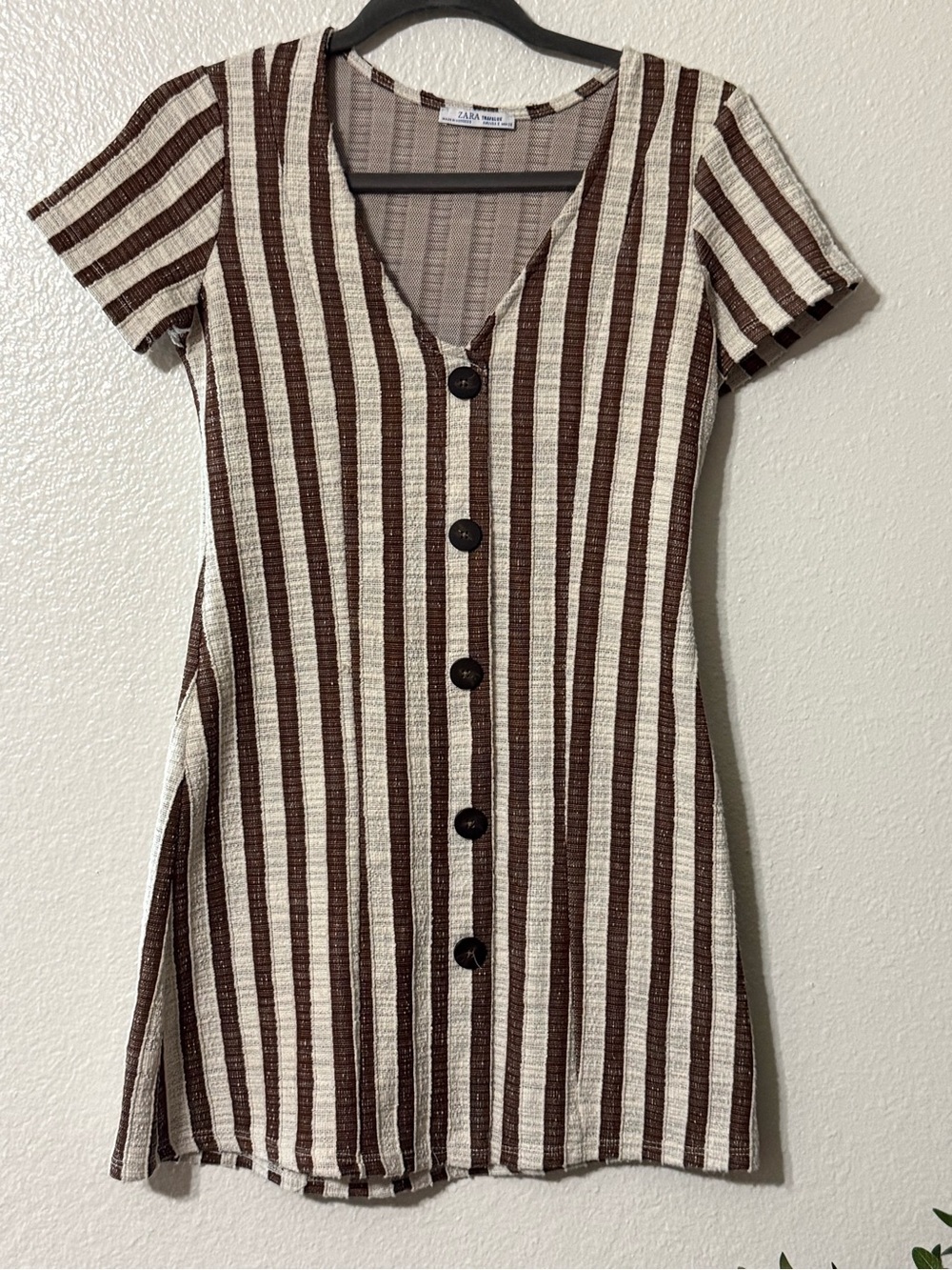 Zara Trafaluc Brown Cream Striped Button Front Knit V-Neck Mini Dress Womens S